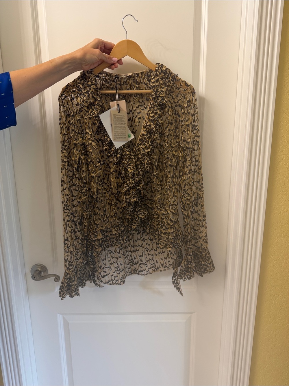 Roberto Cavalli Sheer Ruffled Animal-Print Blouse - Tan and Black